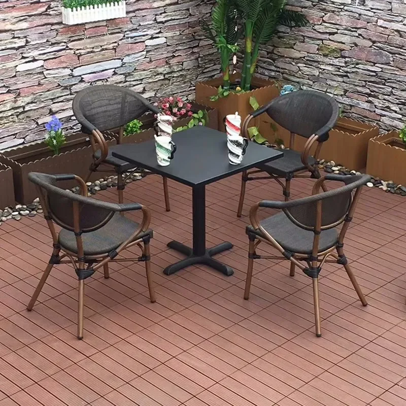 for Outdoor Leisure Tables and Chairs Patio Balcony Teslin Mesh Chair Rattan Chair Iron Table for Guangzhou Milk Tea Coffee