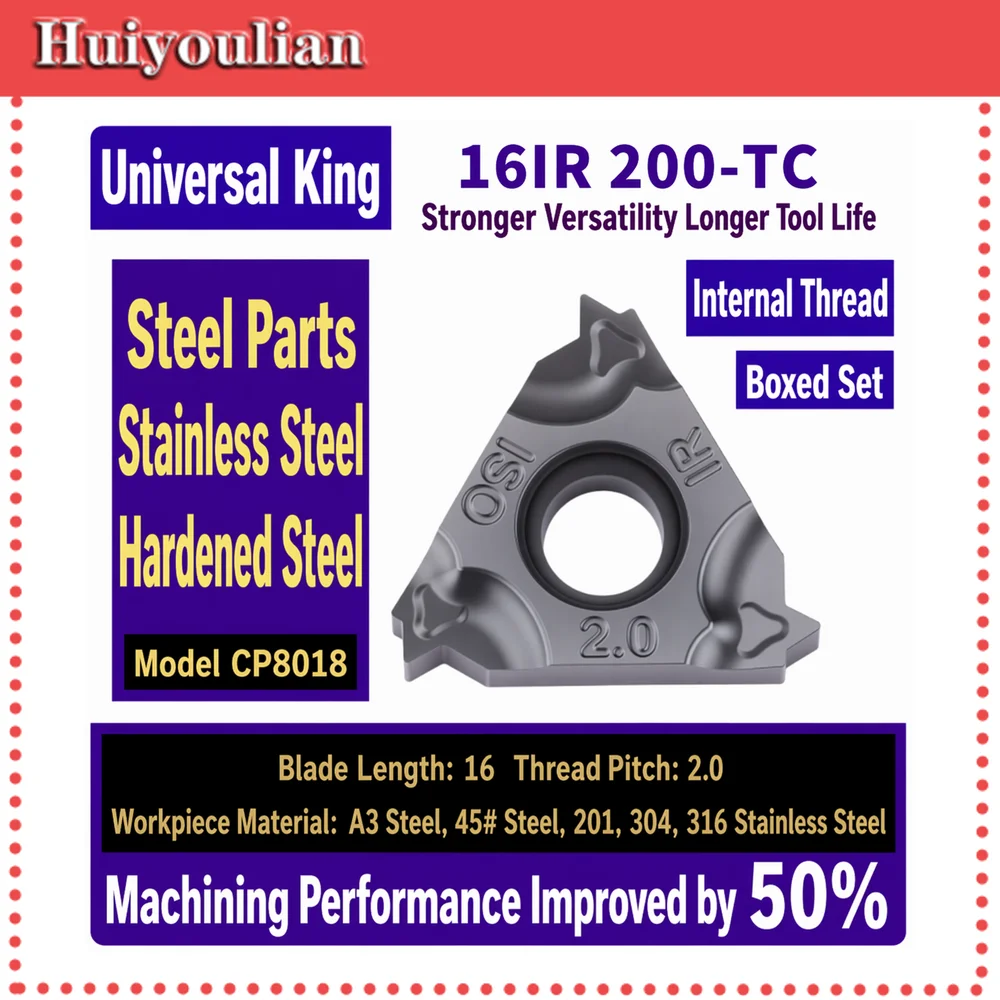 10PCS 16IR200-TC CNC Internal Thread Insert CP8018 Nano-Coated Carbide 50 Percent Longer Life for A3 45# Steel Stainless