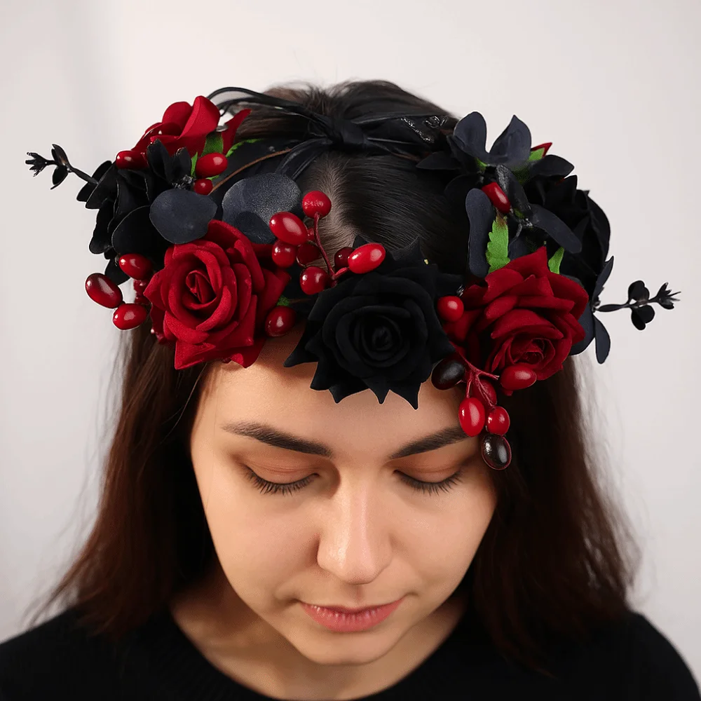 

Exquisite Halloween Headband Plastic Fashion Simulation Flower Headband Dark Style Adjustable Size Cosplay Headband Theme Party