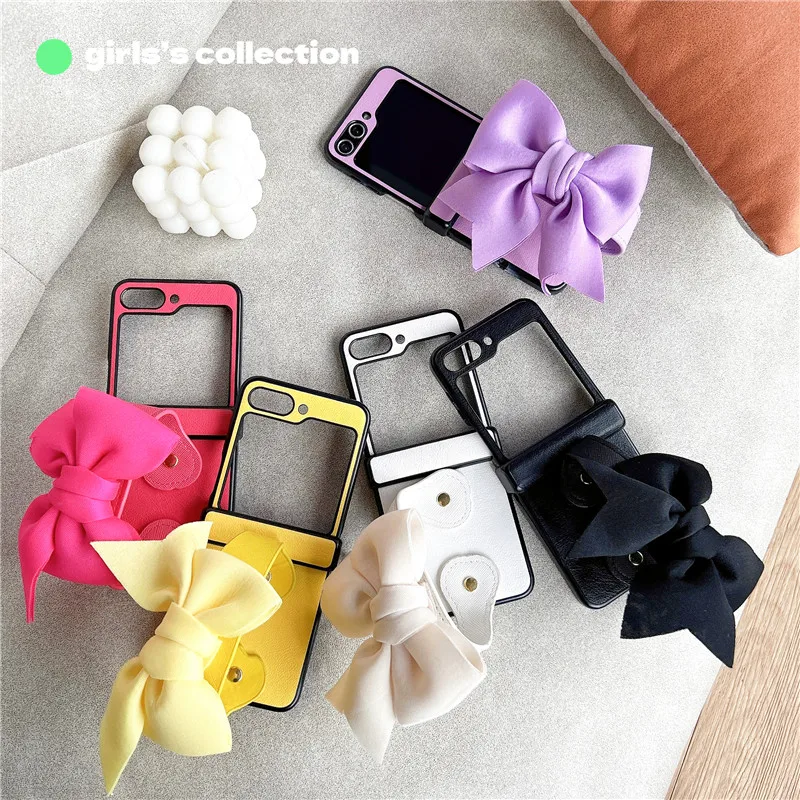 

Solid Color Phone Case For Samsung Galaxy Z Flip 3 4 5 5G Bowknot Protective Shell Flip5 Flip4 Cover