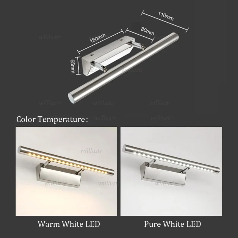 LED Rotatable Metal Wall Lamp Stainless Steel Sconce Bathroom Cloakroom Dressing Room Mirror Vanity Lighting