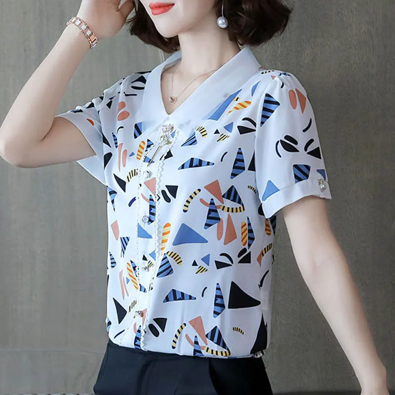 Fashion Geometric Printed Blouse Casual Gauze Peter Pan Collar Female Button Lace 2023 Summer Three-dimensional Decoration Shirt