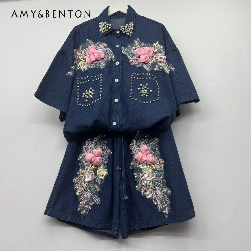 

Summer New Drape Thin Nail Drill Lapel Denim Shirt Three-dimensional Flower Single-breasted Blouse Straight Wide-leg Shorts Suit