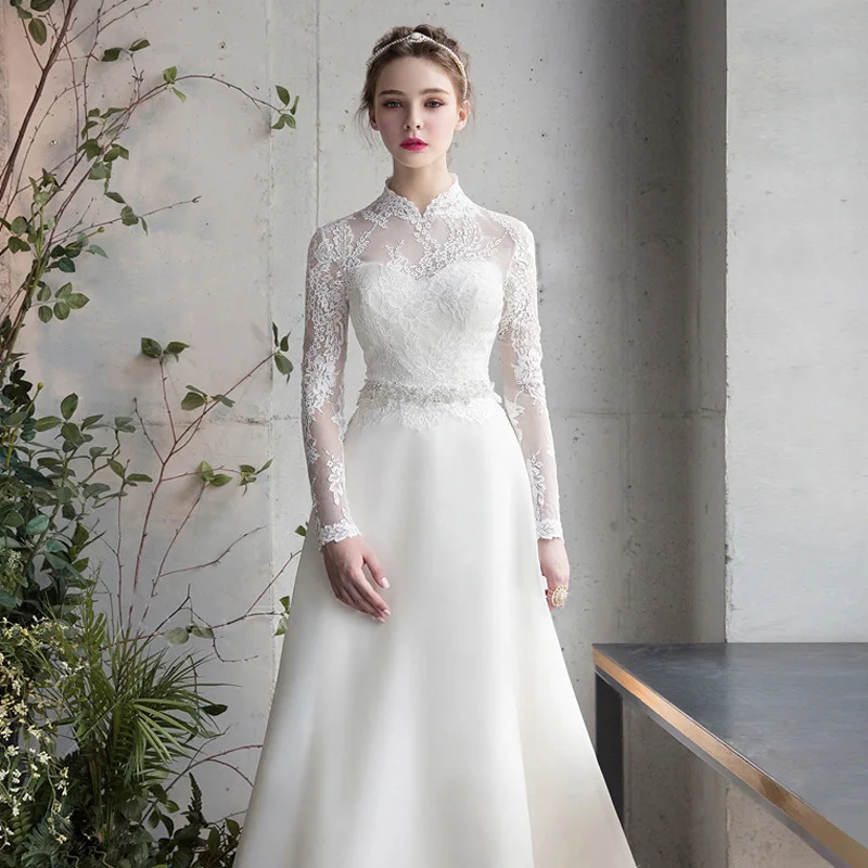 VENSANAC High Neck Crystal Sash Satin A-Line Wedding Dress Lace Appliques Long Sleeve Sweep Train Bridal Gown Customized