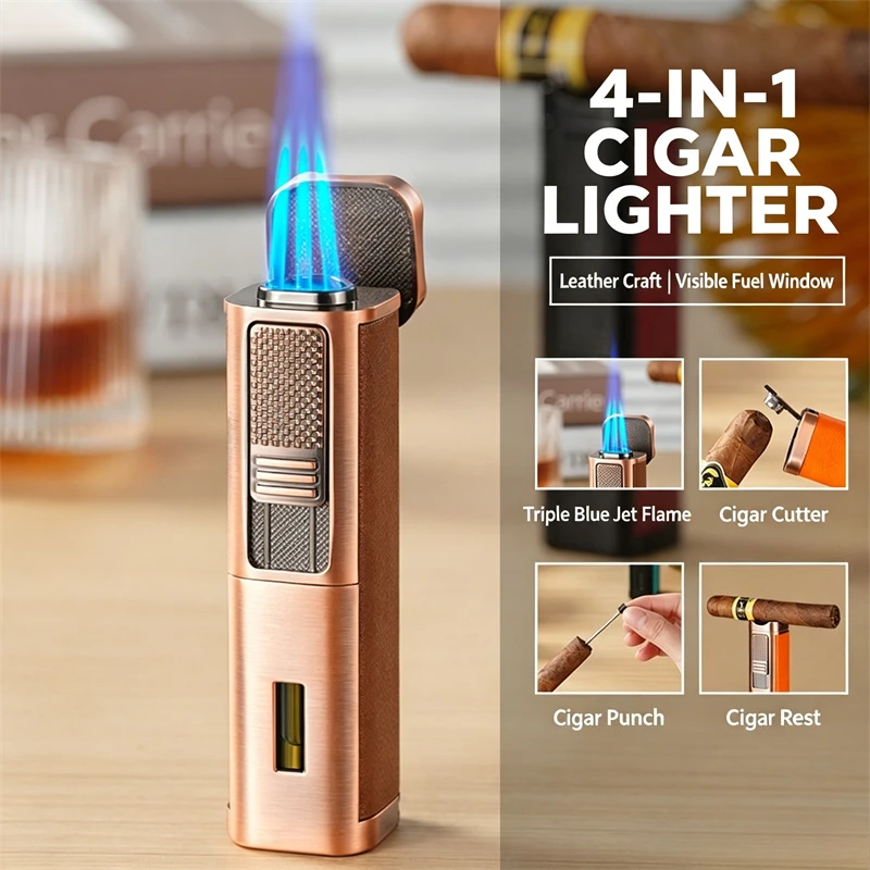 Multifunctional 4 In 1 Triple Windproof Blue Jet Flame Lighter, Refillable Butane Gas Cigar Lighter, Present Male Smokers Gifts