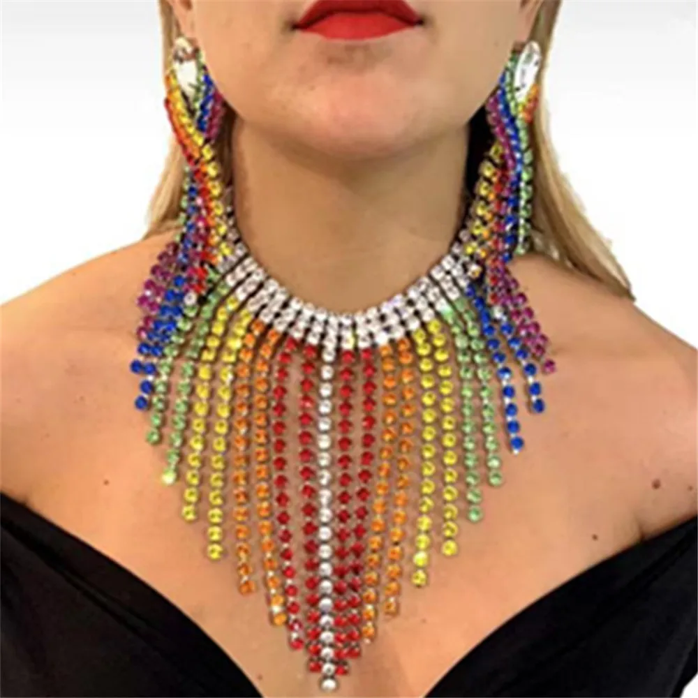 Gorgeous Rhinestone Crystal Rainbow Tassel Chain Oversize Collar Bib Necklace Earrings Jewelry Set for Women Wedding Accessories