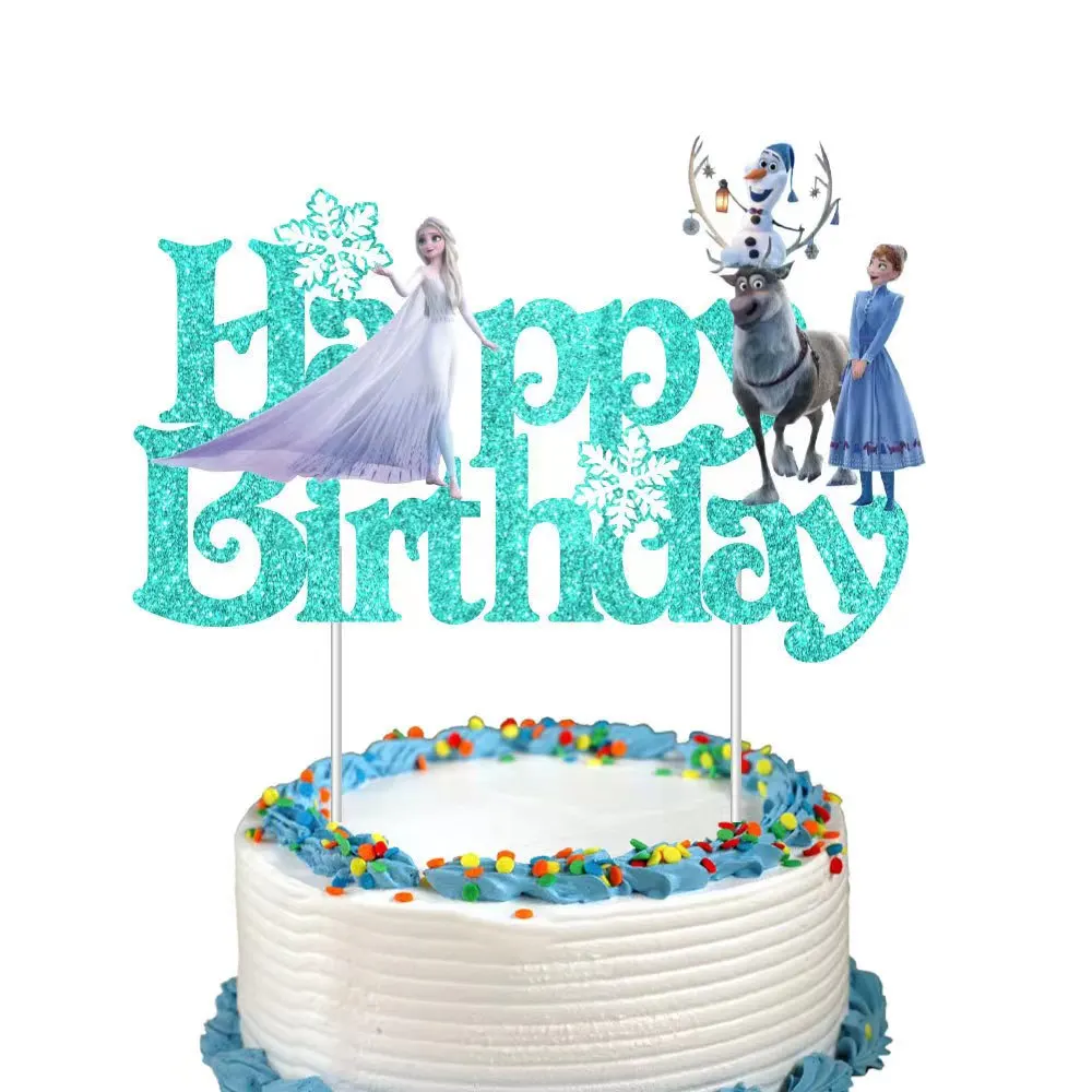 Disney Frozen Theme Glitter Paper Caketopper Decoration Happy Birthday Cake Decor For Girls Birthday Party Cake Decor Supplies