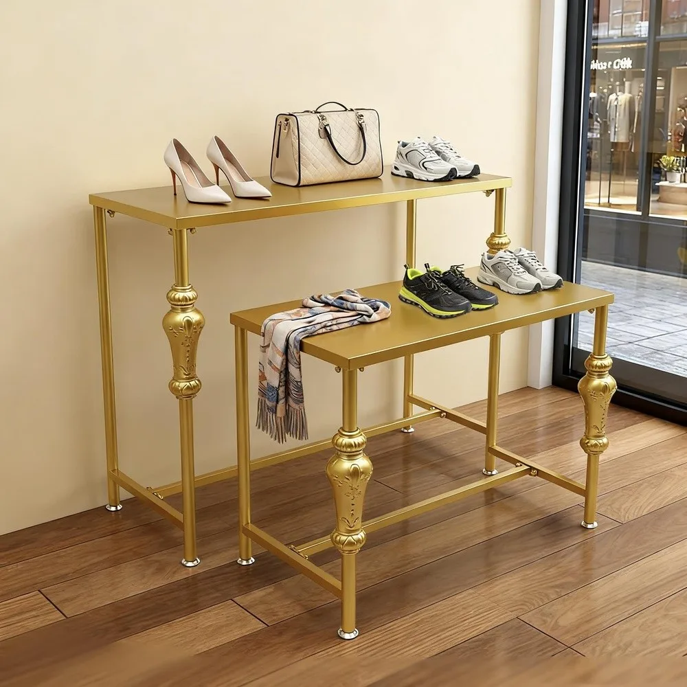 Metal Clothing Shoe Handbag Display Table 2 Tier Heavy Duty Risers Display Stands Standing Garment Rack Display Riser