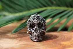 S925 Silver Made Old Silver Carved Skull Pendant for Men and Women