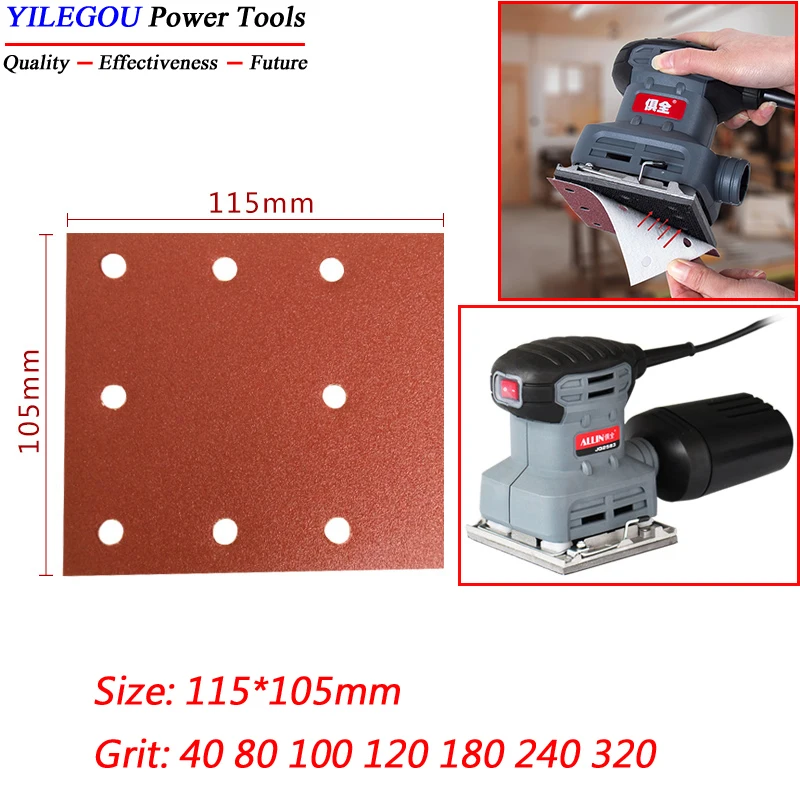20 Pieces 115 × 105mm Square Sanding Paper. 115mm 8 Hole Flocking Sandpaper For Polisher Wood, Light Metal. P80--320. Mix Pack.