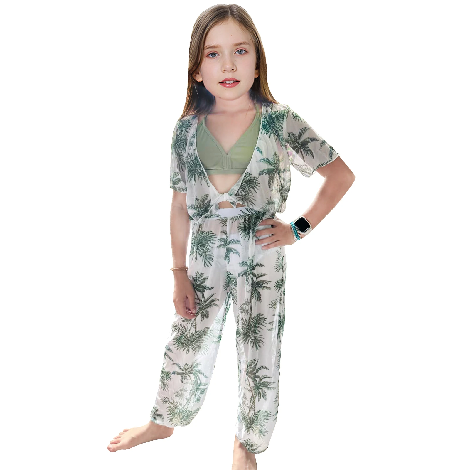 Girls Swim Bikinis Tropical Print 4-Piece Swimming Short Sleeve Tops+Sling Bikini+Bottoms+Pants Lightweignt Beaching Bathsuits