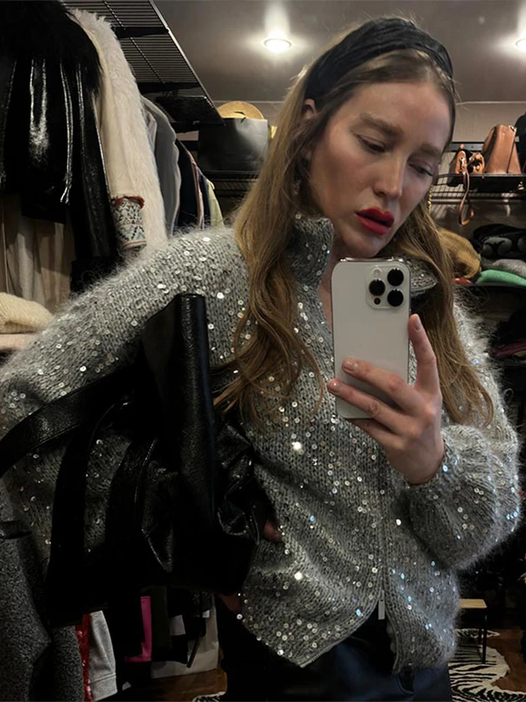 Sequin Zipper Puff Sleeve Stand Collar Knitted Jacket Women Spring Elegant Chic Street Sweater Coat