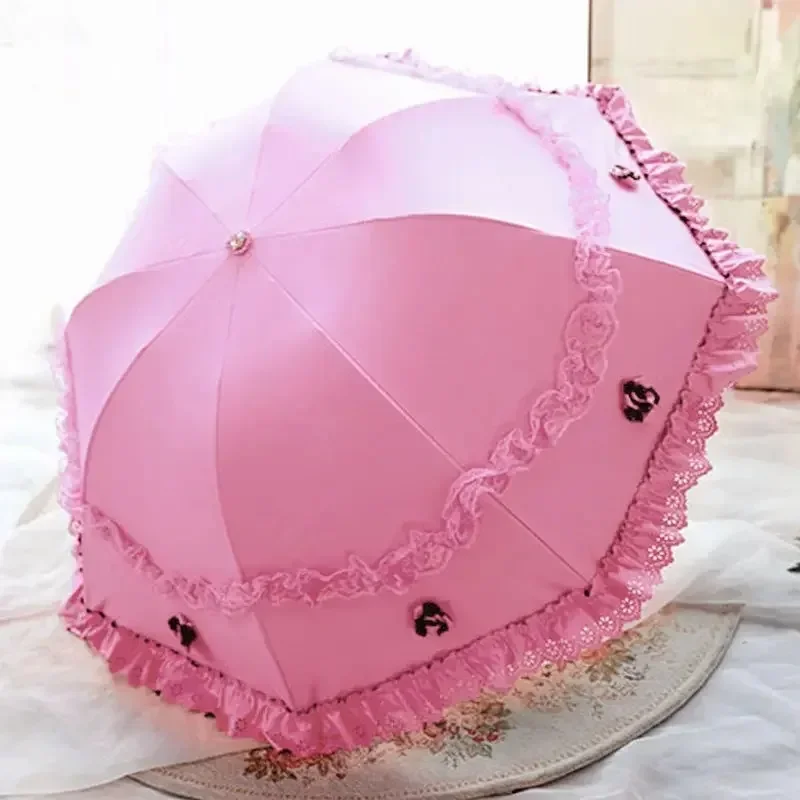 3D Flower Lace Trim Sun Umbrella Black Coating Anti UV Sunscreen Outdoor Portable Women Parasol Strong Wind Resistant Vintage