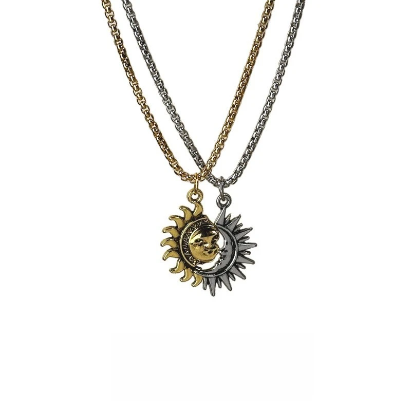 Vintage Sun Moon Pendant Necklace Set 2Pcs Stainless Steel Gold Silver Color Retro Gothic Hip‑hop Unisex Couple Neck Jewelry