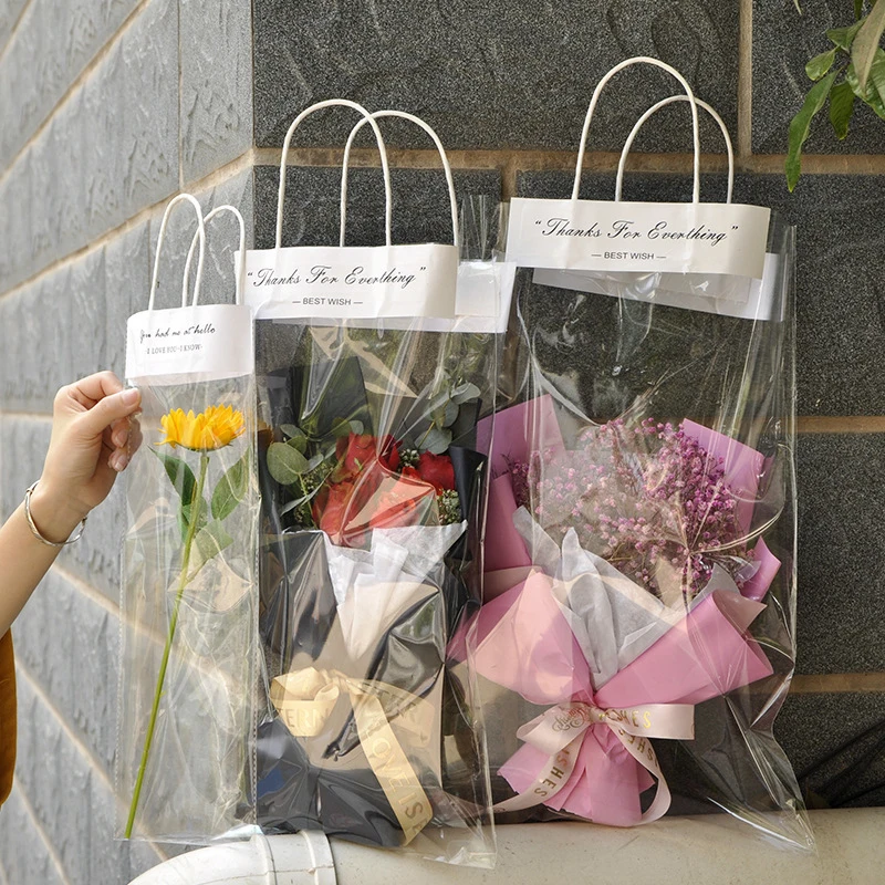 10pcs Flower Packing Bags Transparent Flower Bouquet Gift Bag Valentine's Day And Mother's Day Flower Tote Bag