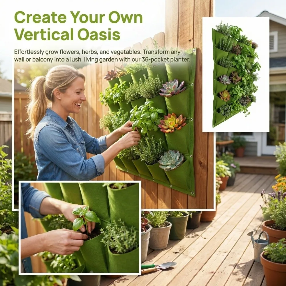 36 Pockets Hanging Wall Planter Bag 1m×1m Space Saving Wall Mounted Grow Bag Easy To Hang Lightweight Vertical Planter Bag