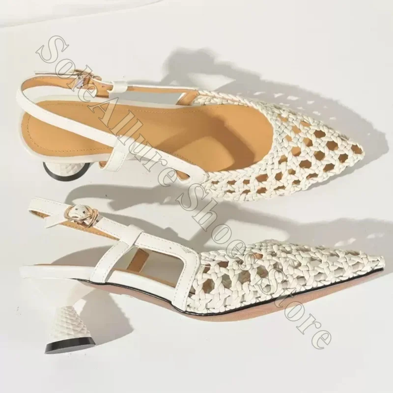 

Woven Slingback Heels Pointed Toe Adjustable Buckle Non Slip Comfortable Breathable Lightweight Casual Summer Office High Heels