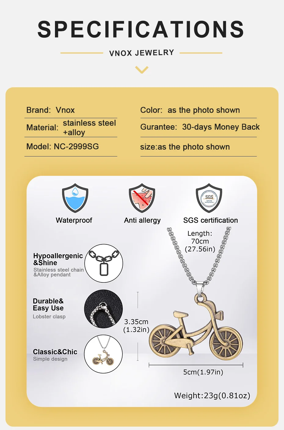 Vnox Retro Fahrrad-Anhänger Halskette für Männer, Vintage Legierung Fahrrad-Charm 70cm Edelstahl Kastenkette Punk Radfahrer-Schmuck Geschenk – Detail 4