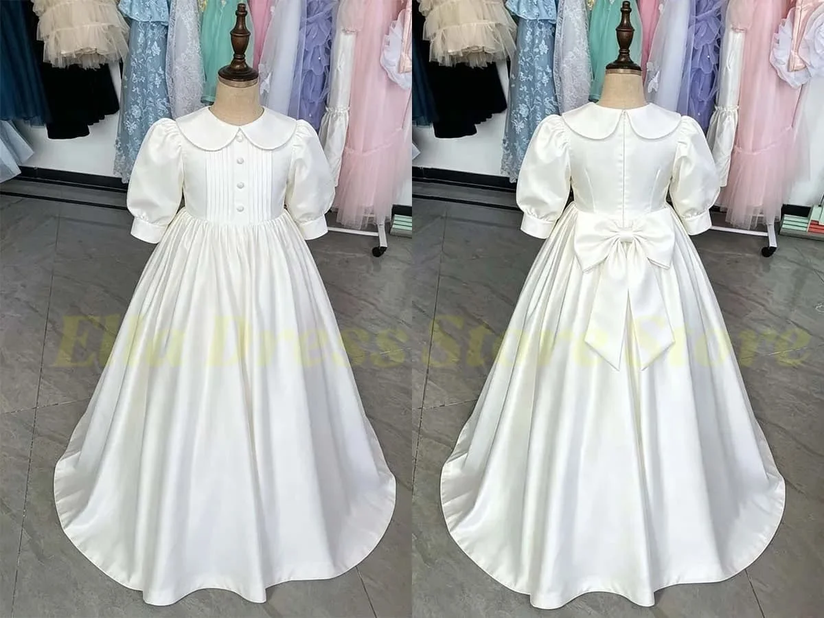 Maßgeschneidertes Mädchenkleid in Rosenrosa, Elegantes Ballkleid mit Puffärmeln und Schleife für Hochzeitszeremonien, Abendkleid, Formell, Maßanfertigung – Detail 1