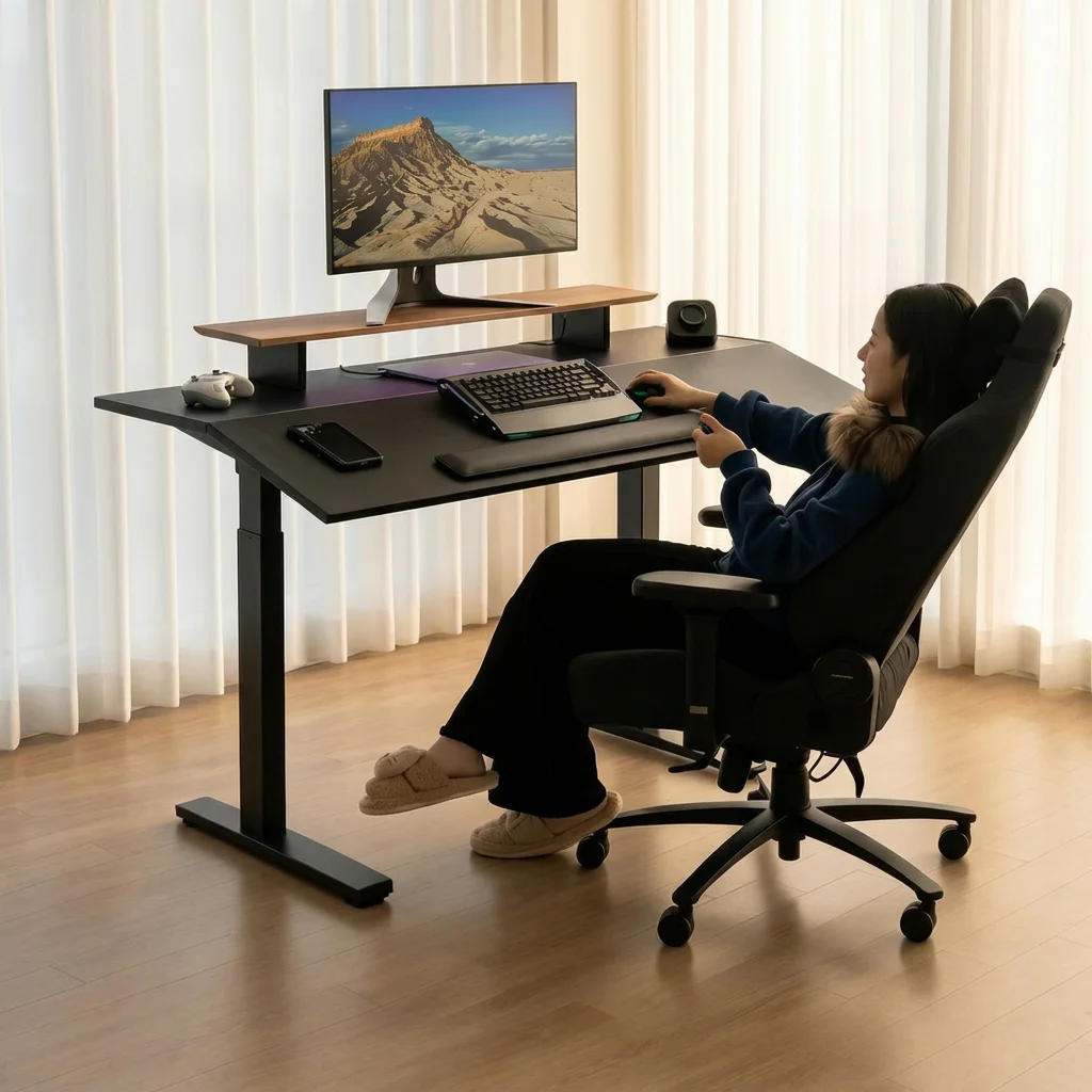 Multi-Functional Electric Tilt Height Adjustable Desk with LED   Stand Ergonomic Gaming Computer Desk & Chair Workstation