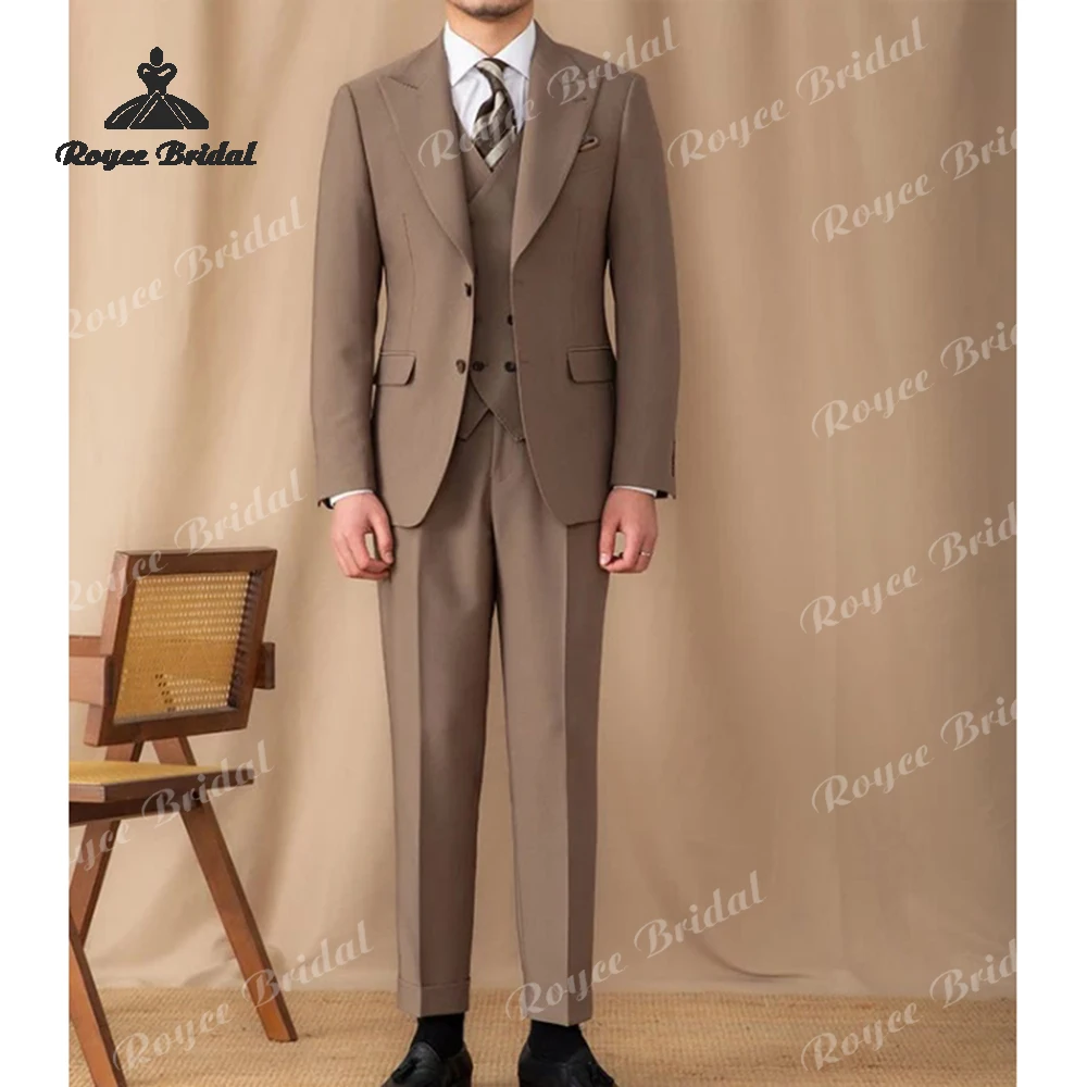 Khaki Peak Lapel Three Piece Single Breasted Wedding Men's Suits 2026 Casual Prom Business Suits costume homme mariage