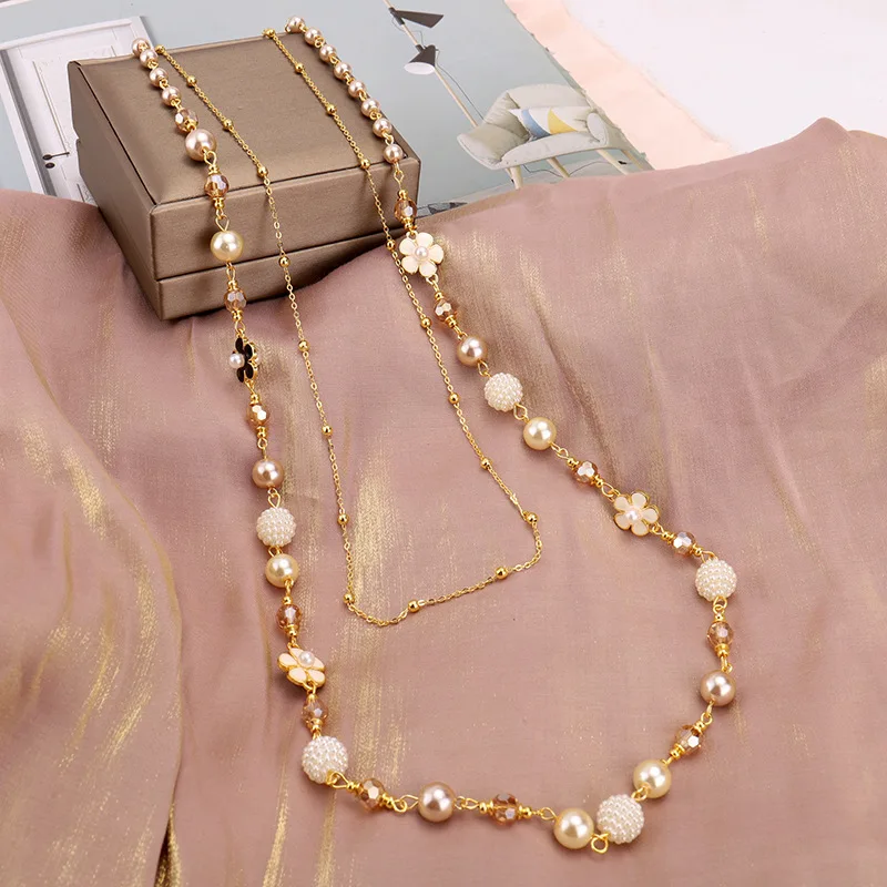 Women Men Fashion Classic Pearl Flower Long Sweater Necklace Elegant Lady Wedding Party High-end 5 Number Chains Jewelry