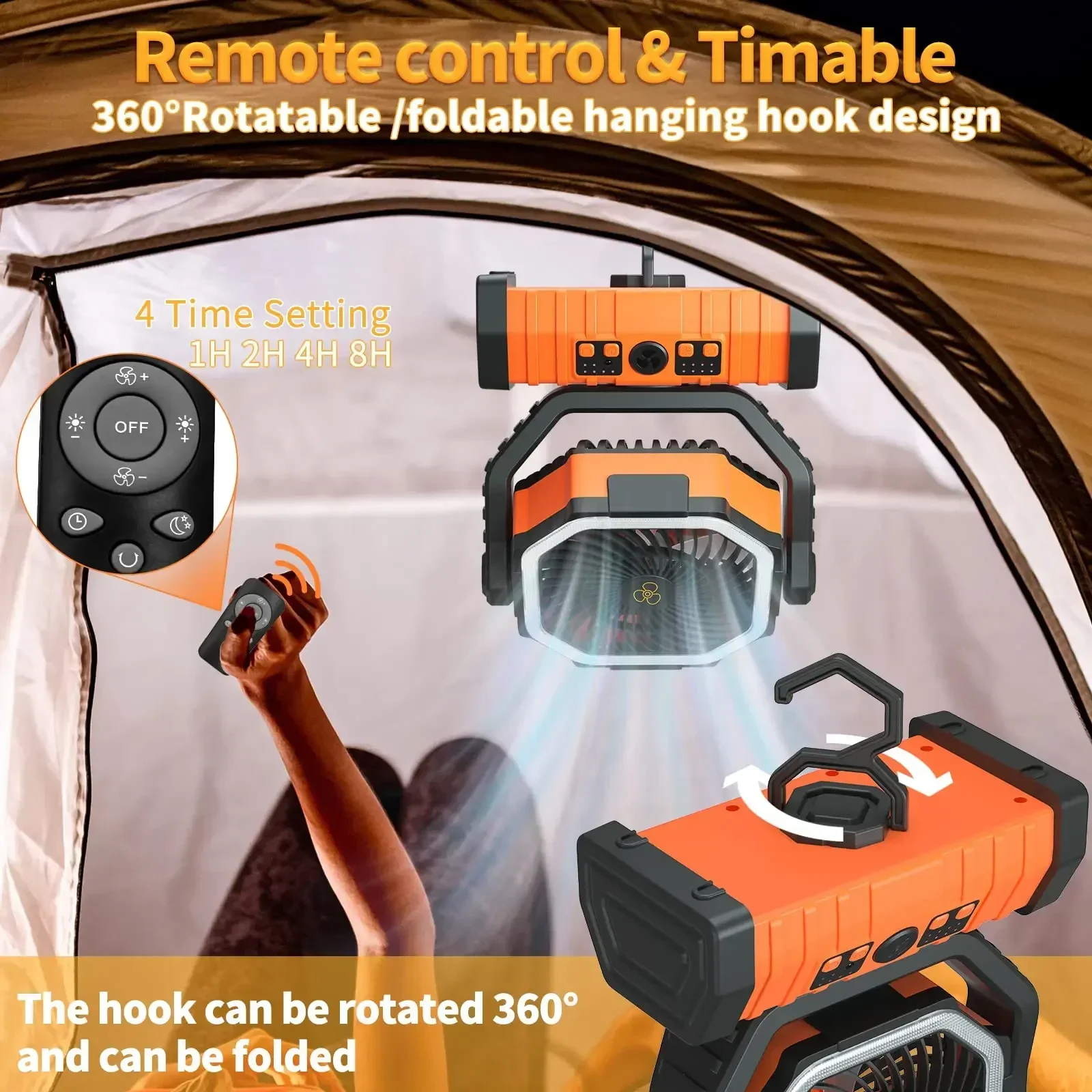 Kipas Berkemah Isi Ulang USB 20000MAh 10000MAh Baterai Kapasitas Tinggi Kipas Meja Tanpa Kabel Kipas Tenda dengan Lampu LED & Kait