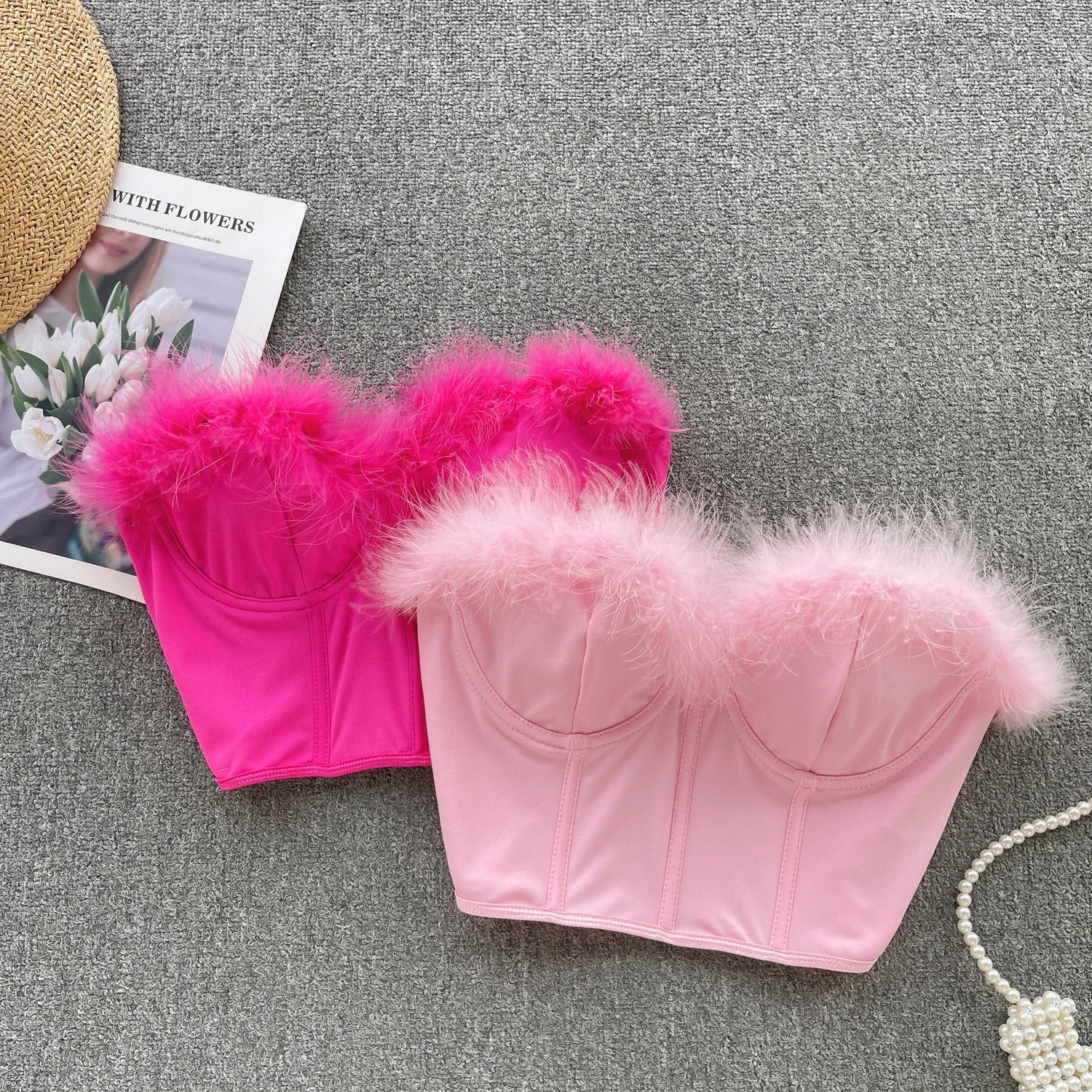 

Sexy Off Shoulder Feather Tube Top Chic Strapless Flurry Crop Top Korean Birthday Party Camis hotsweet Summer Women Bustier