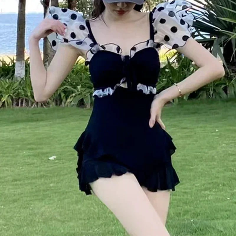 Vintage Polka Dot Swimwear Women Chic Spliced Mesh Ruffles Skinny One Piece Swimsuit 2025 New Fashion Elegant Lady Bathing Suit
