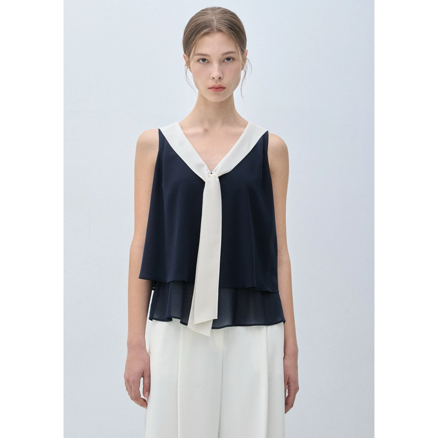 Elegant Fashionable Lemon Cheese Sleeveless Top with Sash Design Double Layered V-Neck Pullover Polyester Fiber Women's Wear