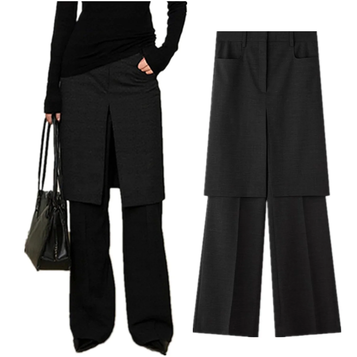 Jenny&dave2026 Franse vintage wol modieuze blogger gelaagde nep tweedelige split uitlopende broek minimalistische dames Cuteore broek