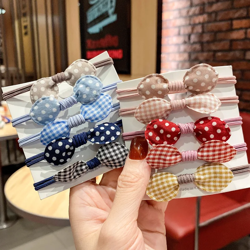 5pcs Korean Rabbit Ears Hair Rope Plaid Polka Dots Bow Elastic Hair Ring for Kids Headwear Headdress Girls Hair Accessories