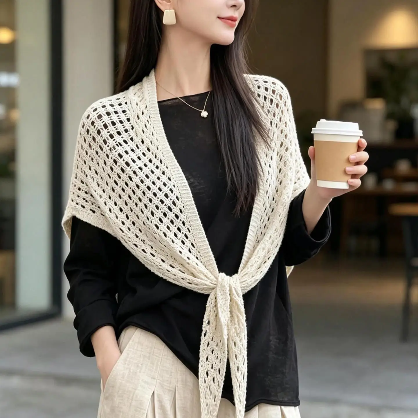 New Hollow out  Scarf Shoulder for Women Fashionable Knitted Lightweight Air Conditioned Room Multi-Functional Women'...