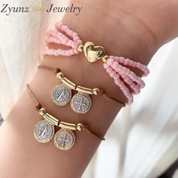 5PCS, San Benito Medal Bracelet For Women Gold Color Metal St Benedict Bracelet Pink Heart Jewelry