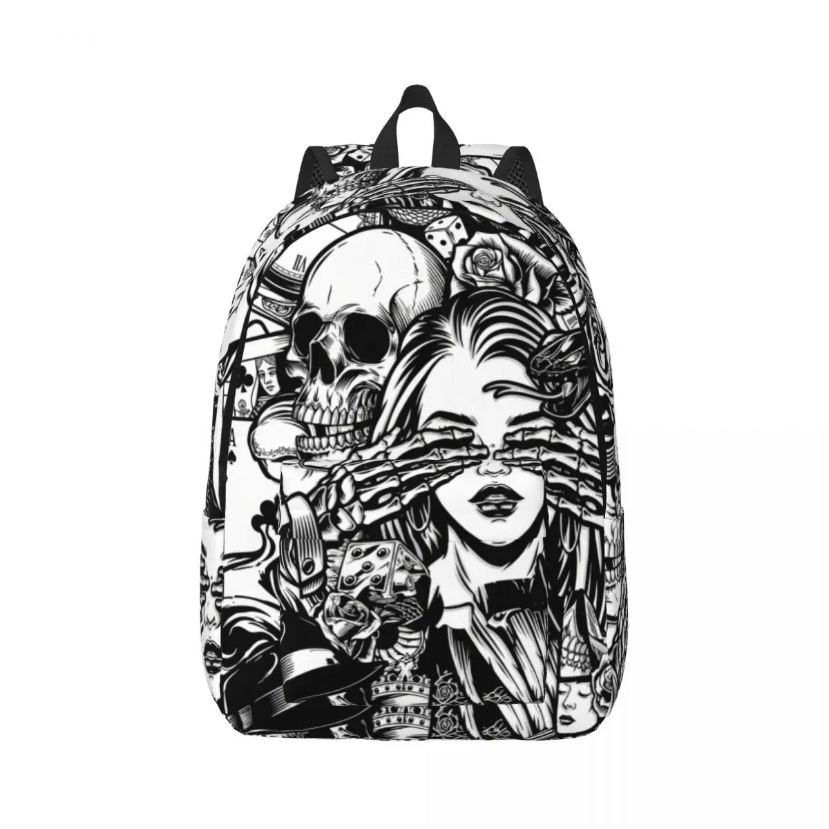 Cool Student Backpack Center Skull Face Street Graffiti White Black Edgy Daypack for School Work Weekend Outfit Lightweight Kids