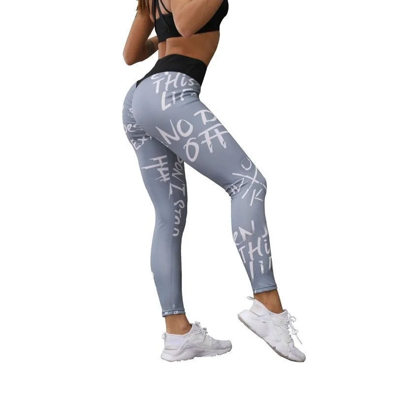 High Waist Letter Print Yoga Pants Women's Elastic Butt Lifting Sports Yoga Pants Casual Style Polyester Fiber Bottoms