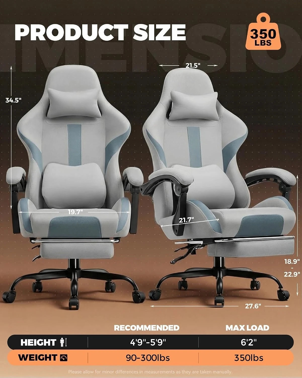 Gaming Chair Fabric High Back Ergonomic  with Headrest & Lumbar Support for Back Pain Relief, All Seasons Universal Blue
