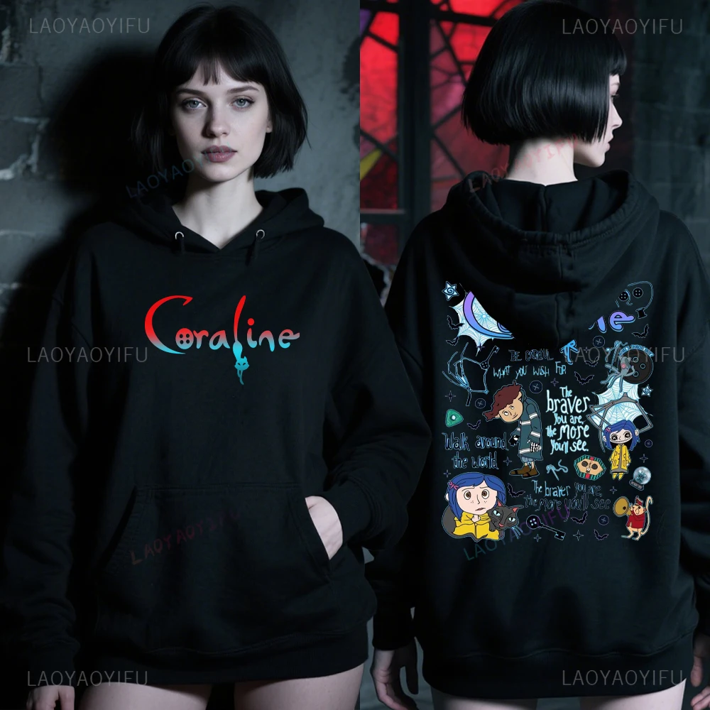 Vintage dessin animé film bouton yeux féminin pull vêtements Coraline graphique à capuche Harajuku femme Blusas femme homme sweat