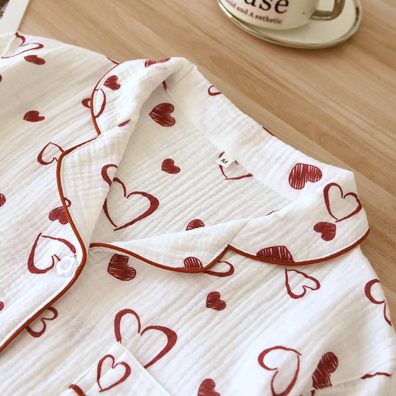 Women's Sleepwear Clothes for Spring and Summer Double-layer Pure Cotton Heart-shaped Printed Short Sleeved Pants Home Clothes