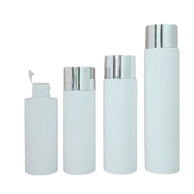 100 120 150 200 250ml พลาสติกสีขาว PET Toner plug bottle Silver srcew lid 3oz 4oz 5oz 7oz Empty Lotion refillable bottle 25PCS