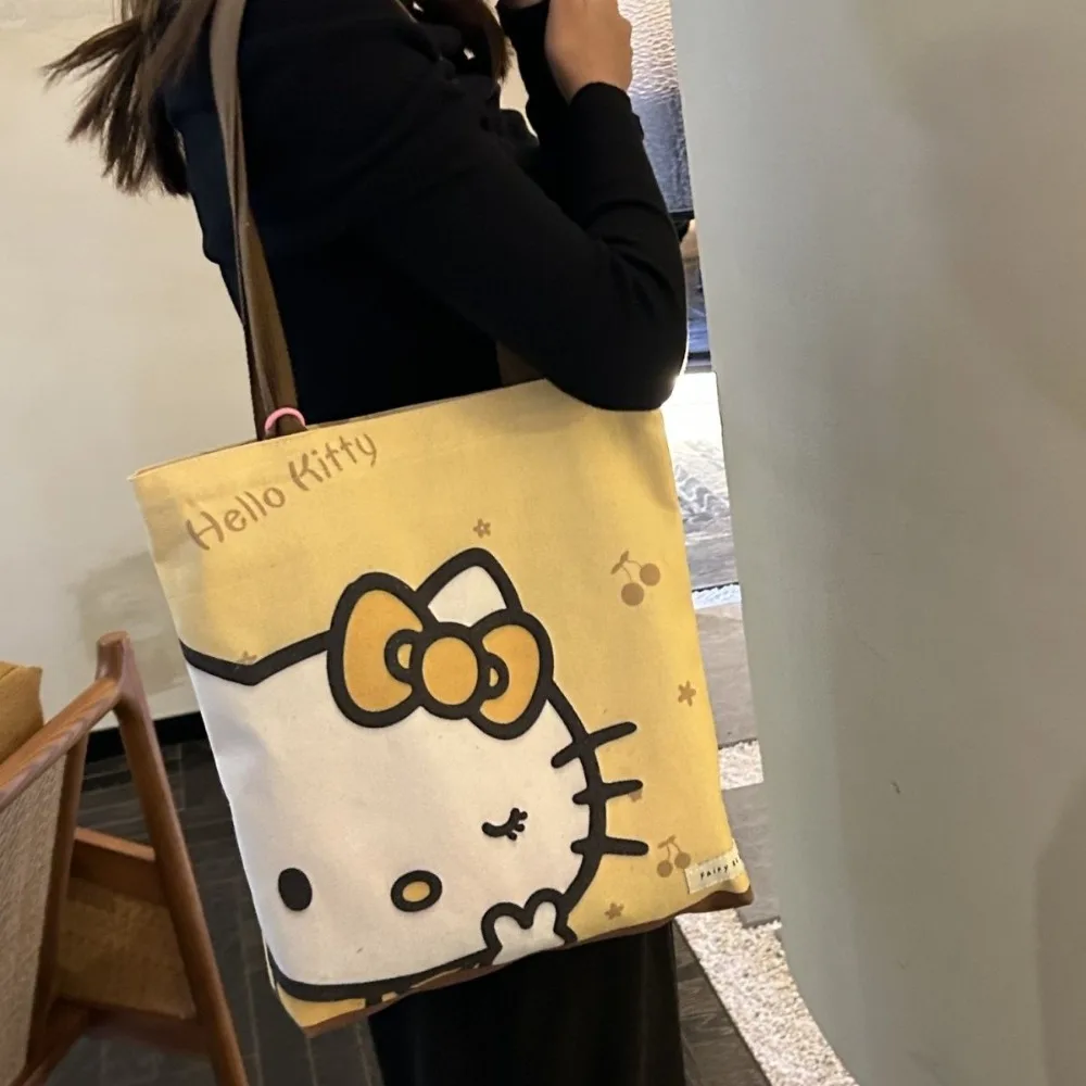 New Kawaii Hello Kitty Handbag Cute Canvas Printed Shopping Bag Portable Large Capacity Storage Bag Student Tutoring Bag