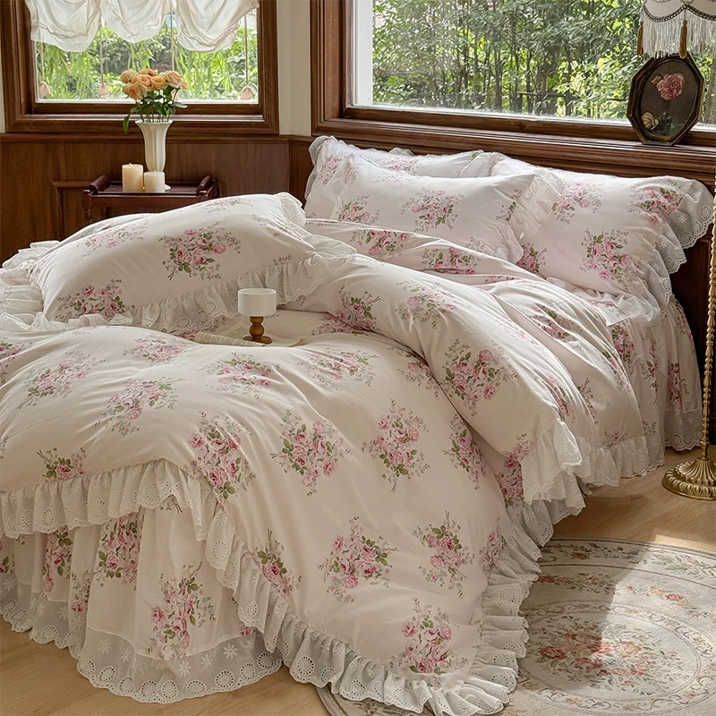 Vintage Lace Ruffles Rose Print Pure Cotton Bedding Set Duvet Cover Set 1.4M/1.5M/1.6M/1.8M/2M Bed Skirt Bedspread Pillowcases