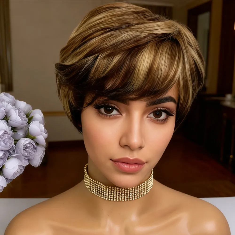 

427 цветов пикси, короткий прямой парик из натуральных волос для женщин, повседневное использование для вечеринок, 6 дюймов, машинное производство, короткий, плотность 150%