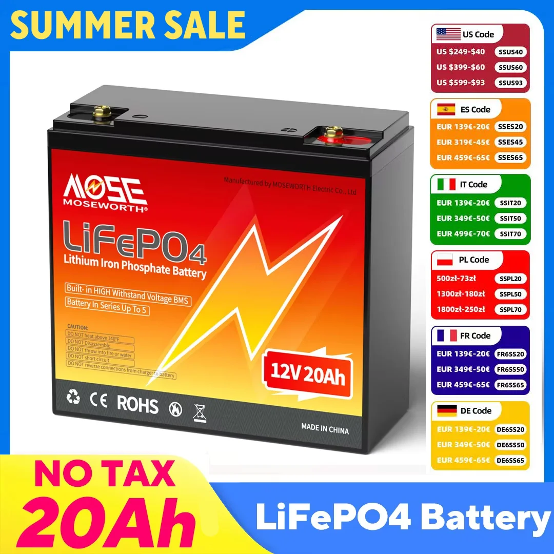 MOSEWORTH 12V 20Ah Lithium LiFePO4 batterie à Cycle profond avec BMS Lithium fer Phosphate batterie Rechargeable lumière solaire camping