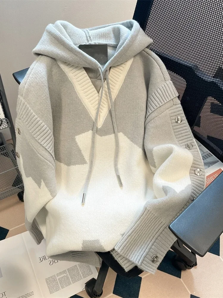 Women Knit Hooded Sweaters Long Sleeve Hoodies Pullovers Loose Casual Streetwear Thick Top High Street Autumn Winter 2025