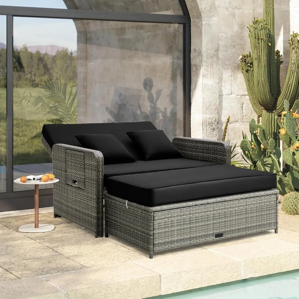 

Terrace rattan sofa set, sofa with multifunctional and extendable side tray, 4-layer adjustable backrest, footstool with storage