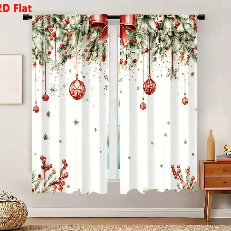 2Pcs Curtains 2D Flat Christmas Watercolor Frame With Pine Branches Red Berries Bow And Ornaments Window Drapes for Bedroom Room