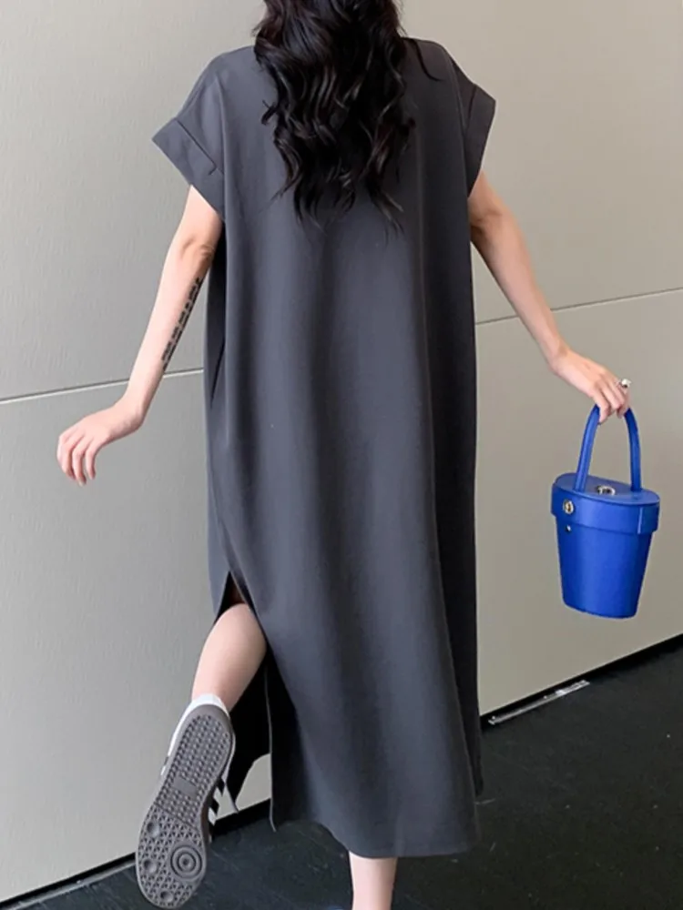T-shirt a maniche corte primavera estate Abito lungo da donna di media lunghezza allentato casual plus size Abito con maniche volanti piccolo Nuovo stile