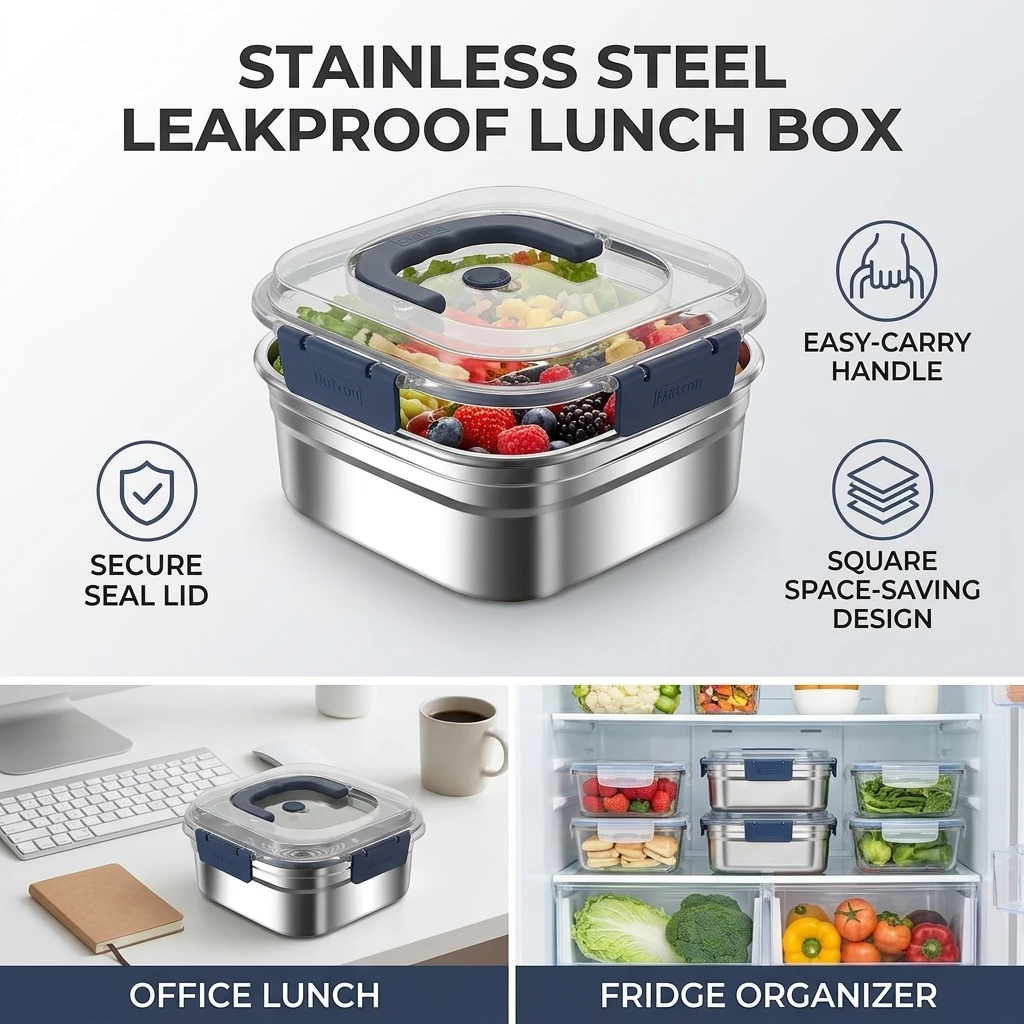 Stainless Steel Lunch Box for Office Workers Leakproof Bento Box Food Storage Container with Handle Durable Kitchenware