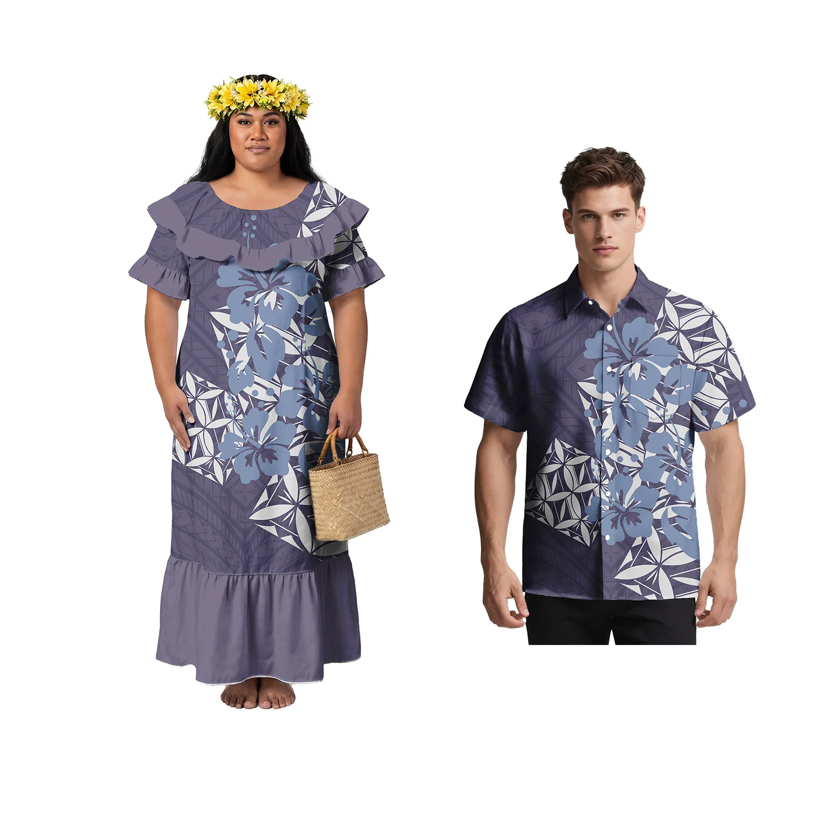 Couple Tropical Pattern Print Set Hawaiian Party Prom Men Shirts Petal Sleeve Women Samoan Dress Polynesian Tribal Couple Outfit